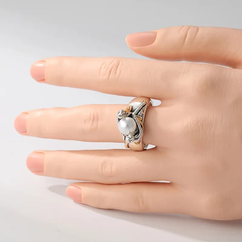Bague vintage pour femme incrustée de fausses perles, couleur argent ethnique, sculptée à la main, p
