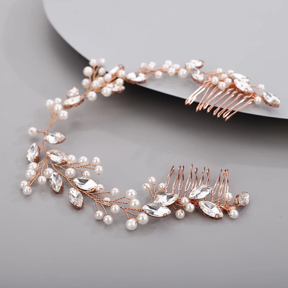Accessoires de mariage en biscuits or rose et argent, coiffure de mariée, robes de perles pour événe