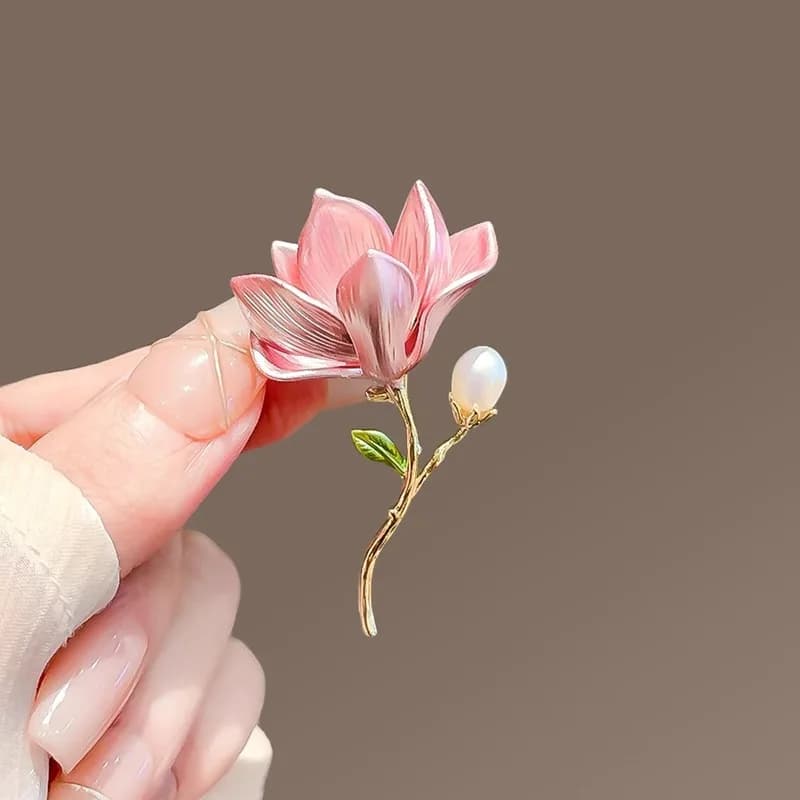 Broches à fleurs de Magnolia rose pour femmes, accessoires élégants, perle en émail, fleur, plante, 