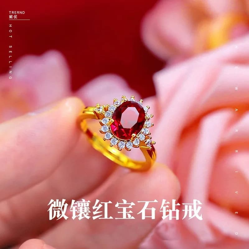 Bague en or pur 9999 24K avec incrustation de cristal rouge naturel et ouverture réglable, bijoux en
