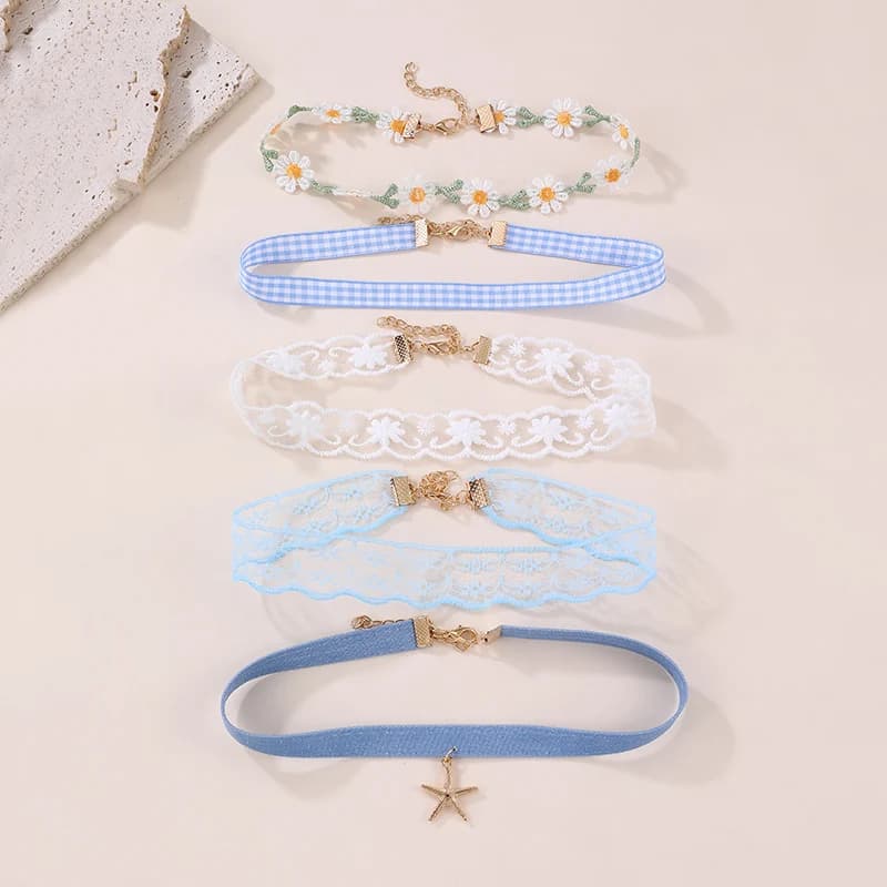Lot de 5 colliers ras du cou en dentelle et à motifs floraux – Collier à nœud en ruban doux pour un 