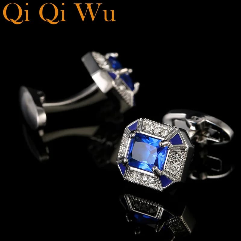 Boutons de manchette de luxe en cristal bleu pour hommes, haute qualité, costume, chemise, cadeau de
