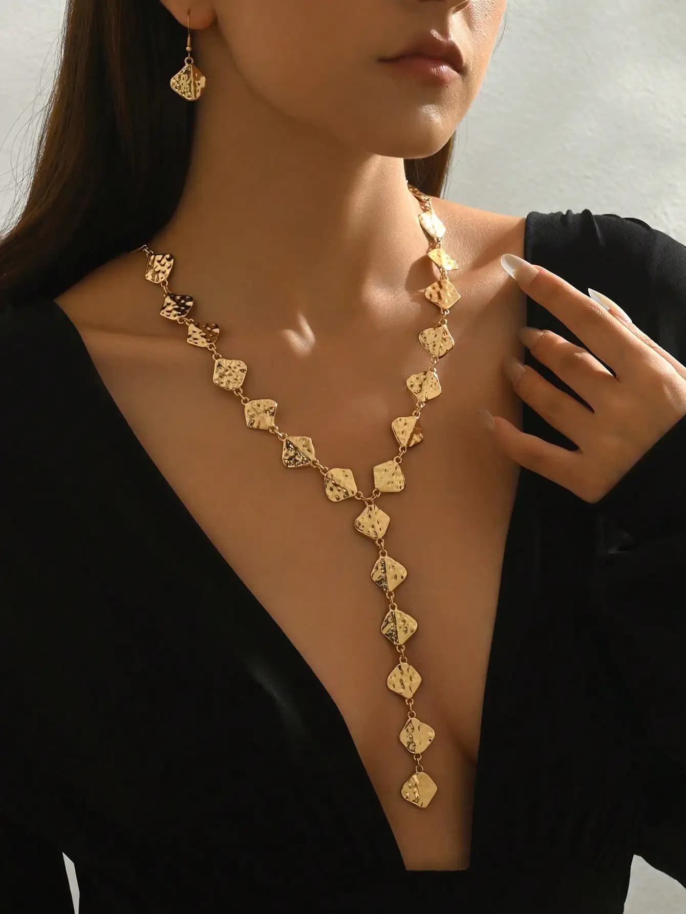 Parure de bijoux en or martelé forme diamant, 2 pièces, design chaîne longue en Y, style luxe de nic
