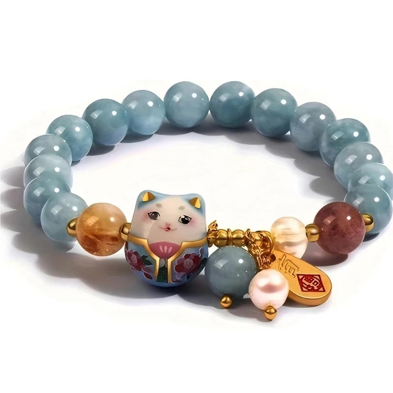 Bracelet Chat Porte-Bonheur avec Cristal Bleu, Breloque Chat en Céramique, Bijou Porte-Bonheur pour 