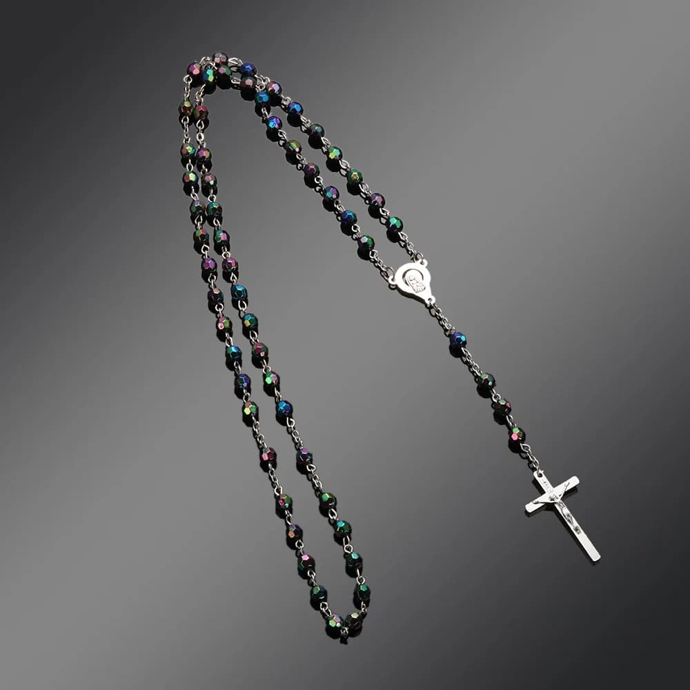Collier croix vintage avec pendentif Vierge Marie, perles de chapelet en cristal, bijoux fantaisie, 