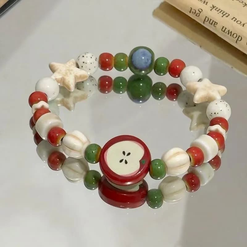 Bracelet en céramique de perles d'os de fruits de pomme fait à la main, extensible, bijoux ethniques