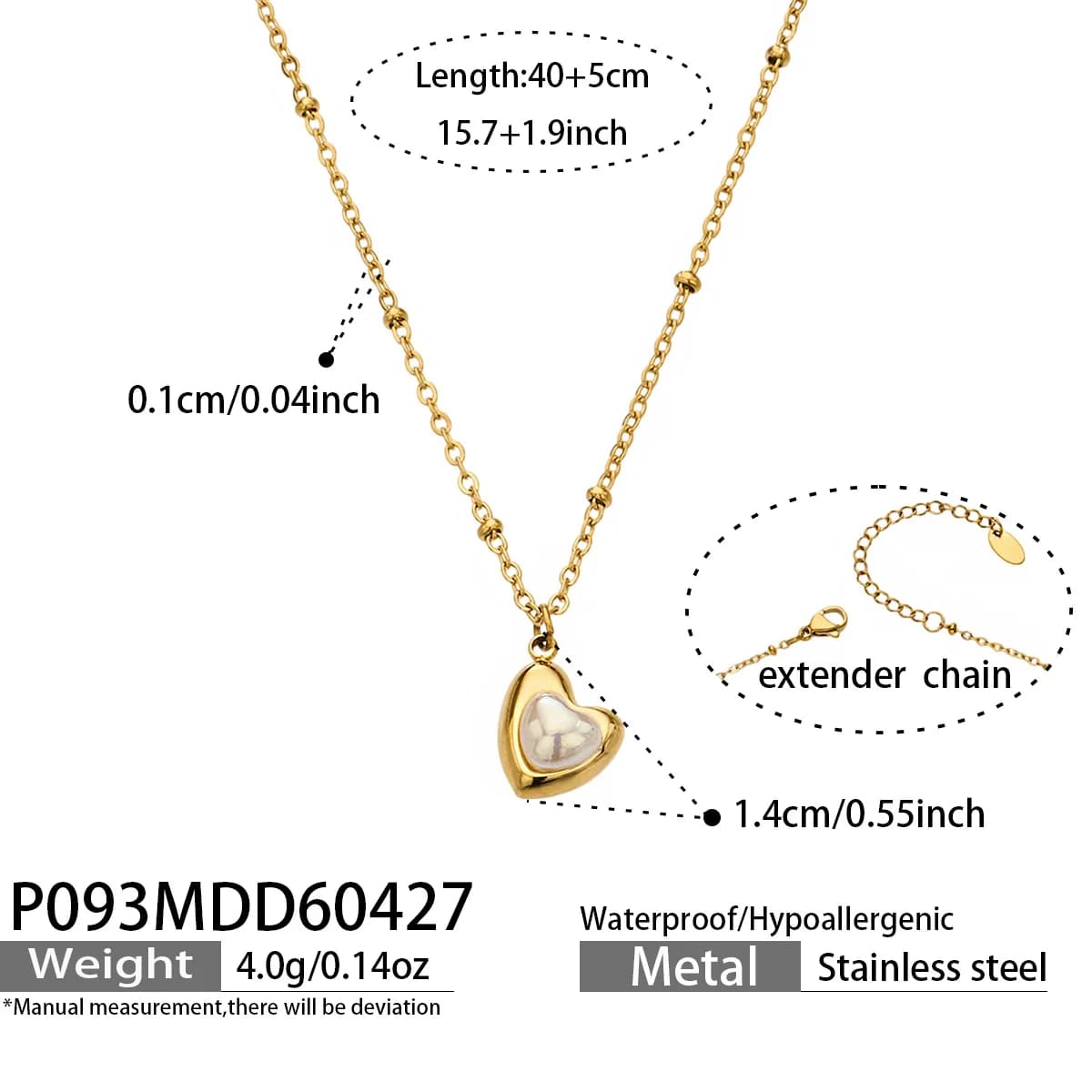 Bague en nacre blanche, pendentif cœur en perle d'imitation, collier étanche en acier inoxydable 316