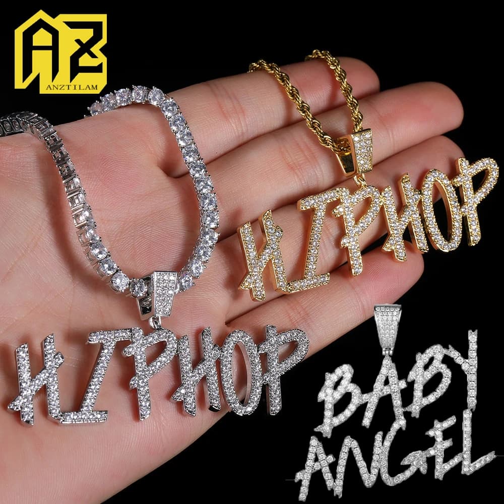 Hip Hop personnalisé nom lettres collier pour hommes une rangée Zircon pierre glacé personnalisé col