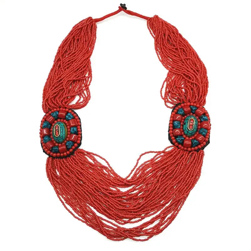 Grand collier ethnique tibétain traditionnel, Mini collier de perles rouges avec étiquette TNL504