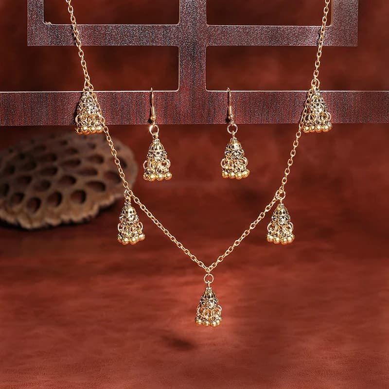 Ensemble de bijoux de mariage indien Vintage pour femmes, couleur or, cloches sculptées, collier et 