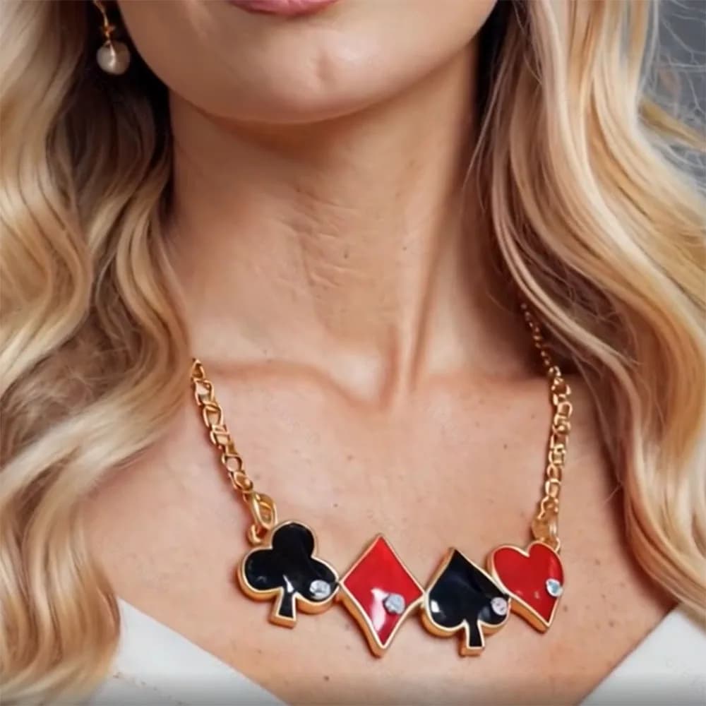 Collier chaîne avec pendentif Cœur Infini, Cœur de Pique, Cœur de Club, motif Poker, rouge et noir, 