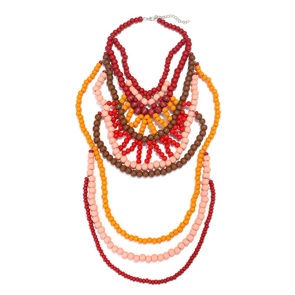 Nouveau collier bohème multi-couches en perles de bois pour femme, longue chaîne à pampilles, bijou 