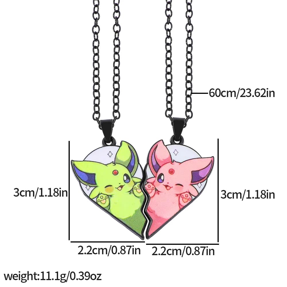 Collier pendentif Eevee mignon en 2 pièces avec patchwork en forme de cœur, collier en métal de styl