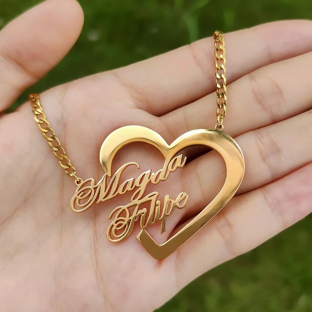 Collier personnalisé avec pendentif en forme de cœur en acier inoxydable pour couple, avec double no