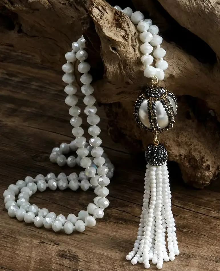 Bijoux tribaux bohèmes en verre de cristal noir et blanc, colliers noués à la main pavés, grosse bou