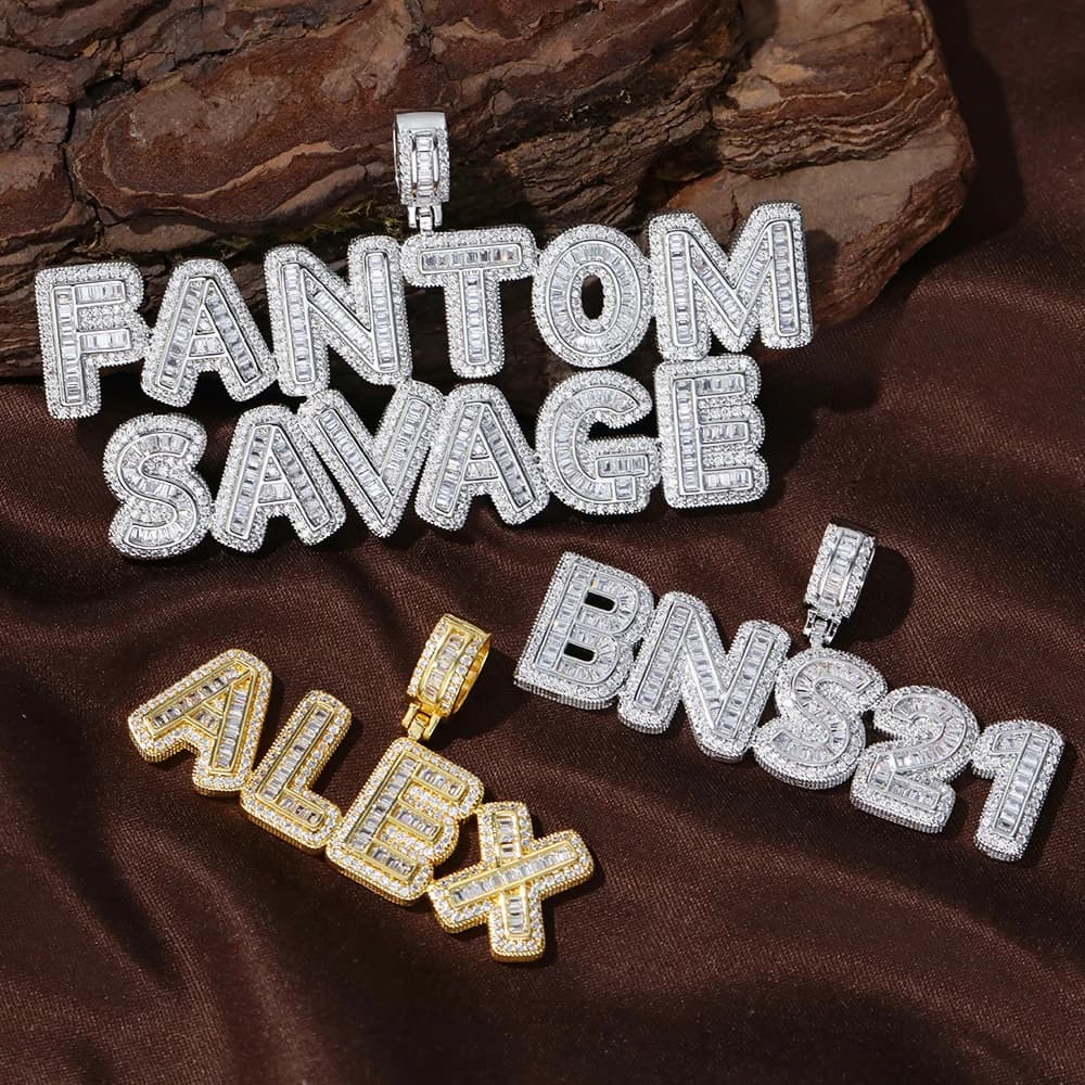 Collier personnalisé avec nom en hip-hop, serti de pierres, pendentif en lettres baguette pavé, cade