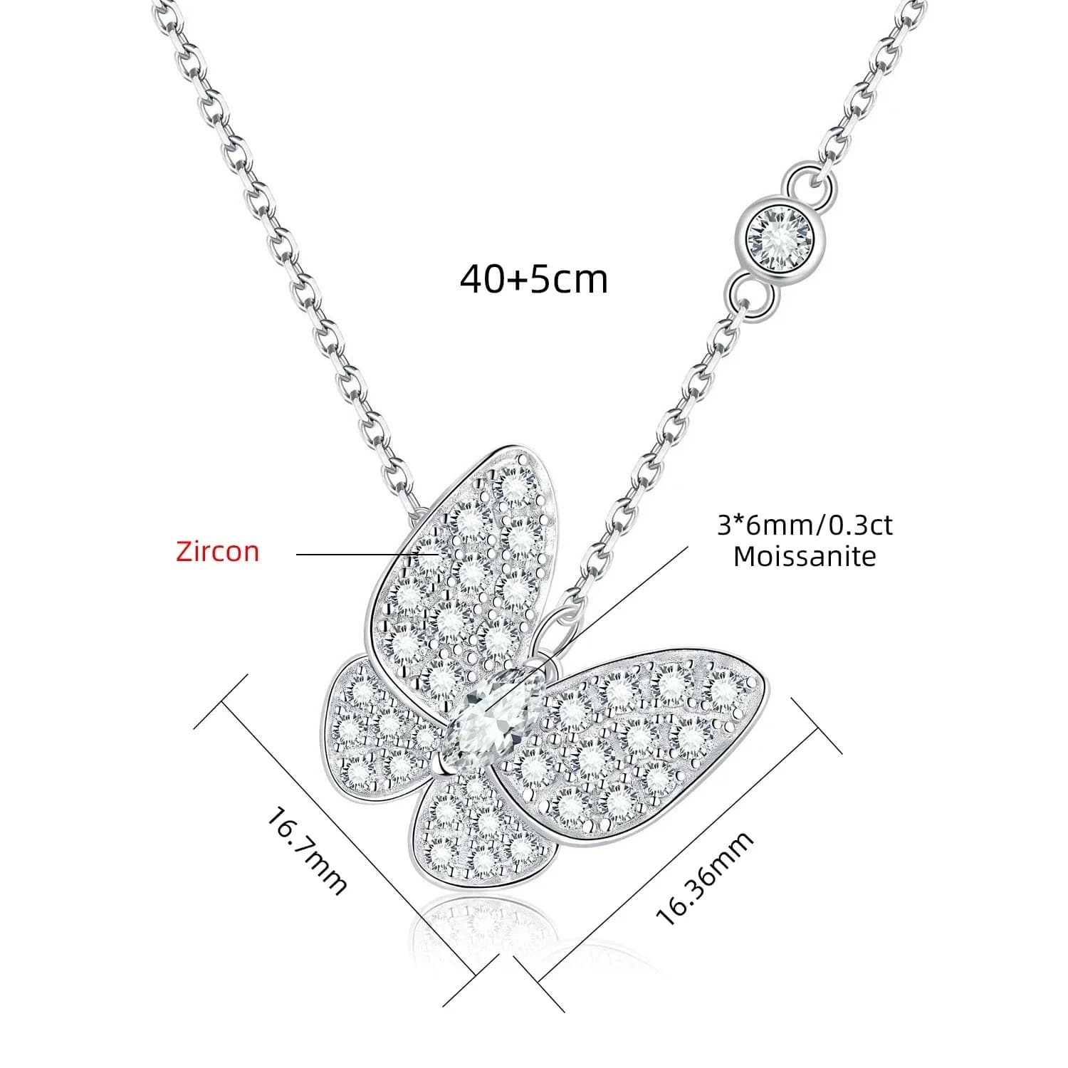 Collier Moissanite en Argent Sterling 925, Pendentif Papillon Coupe Marquise, Plaqué Or Blanc 18K, R