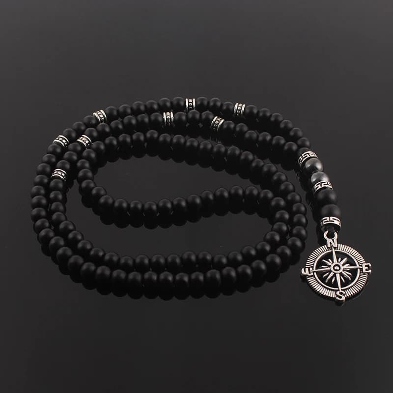 Collier en obsidienne noire mate de 6mm avec pendentif boussole pour hommes, bijoux faits à la main