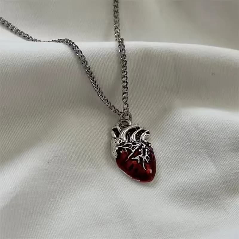 Collier Cœur Rouge Anatomique, Bijou Gothique Y2K Grunge, Pendentif Cœur Humain Rouge Sang Couleur A