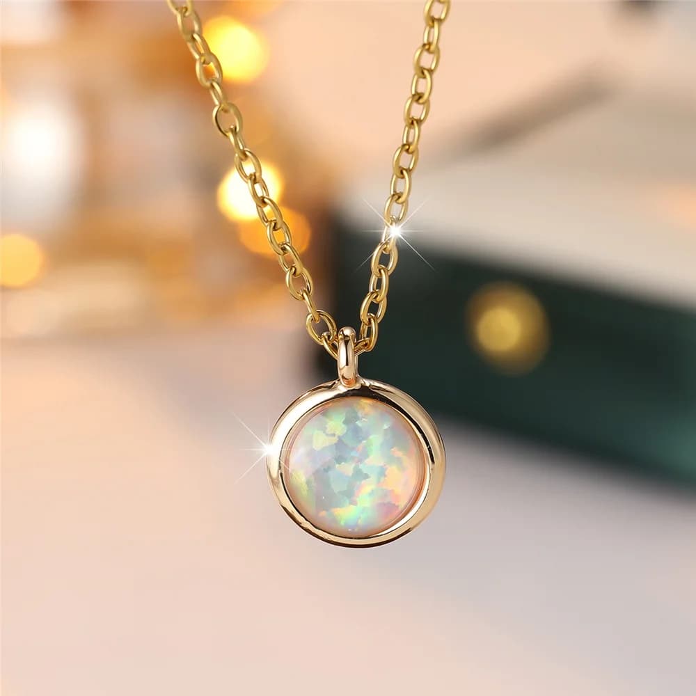 Collier de luxe avec pendentif en pierre ronde opale bleue et blanche pour femme, Vintage, couleur o