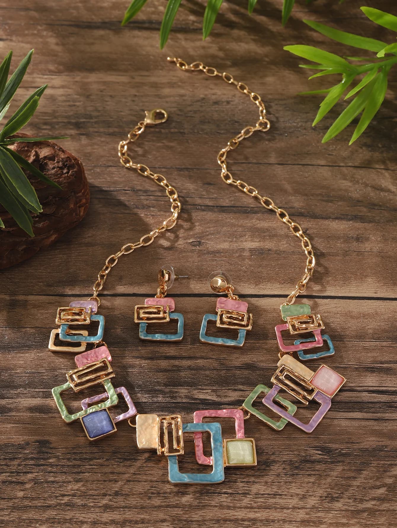 Ensemble de bijoux géométriques en émail style bohème pour femme, collier et boucles d'oreilles simp