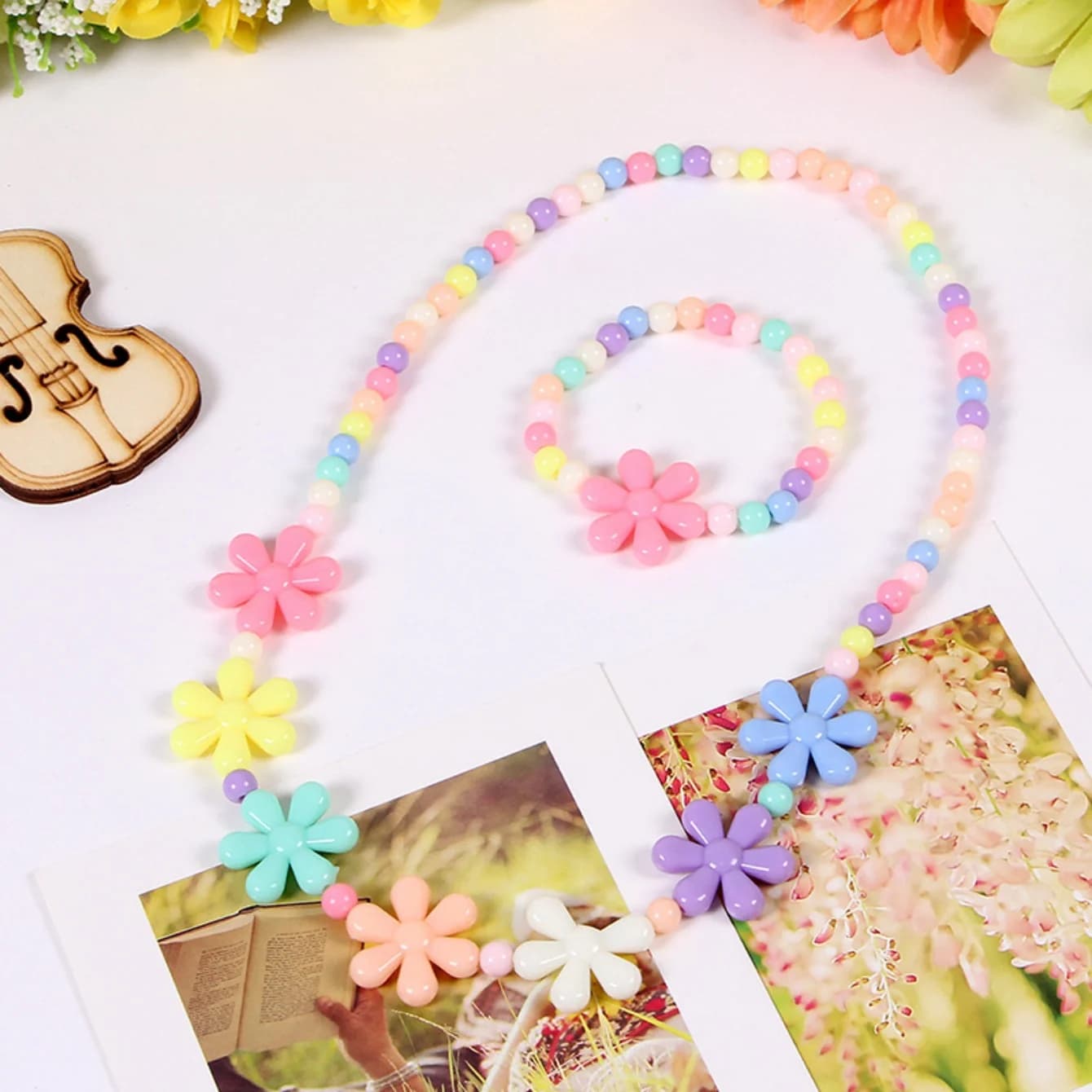 Collier de perles couleur bonbon, Bracelet, bijoux, nœud floral, fraise, 2 pièce/ensemble, fête pour