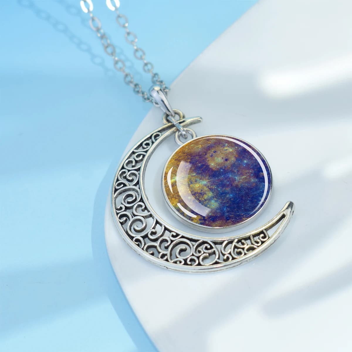 Collier Cabochon dôme en verre saturne, galaxie spatiale, croissant de lune céleste, pendentif, bijo