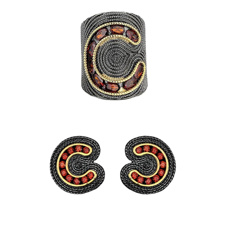 Ensemble de bijoux uniques en Zircon rouge, boucles d'oreilles Double C, bague, élégant, fin, bijoux