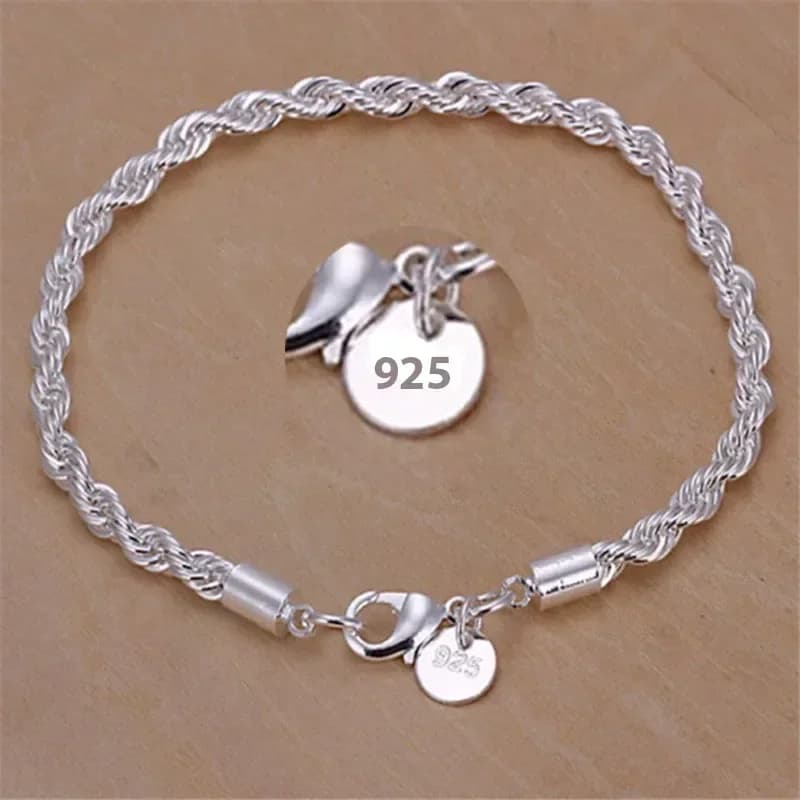Bracelet en argent Sterling 925, 4mm, 20cm, chaîne latérale plate, fermoir mousqueton pour femmes et