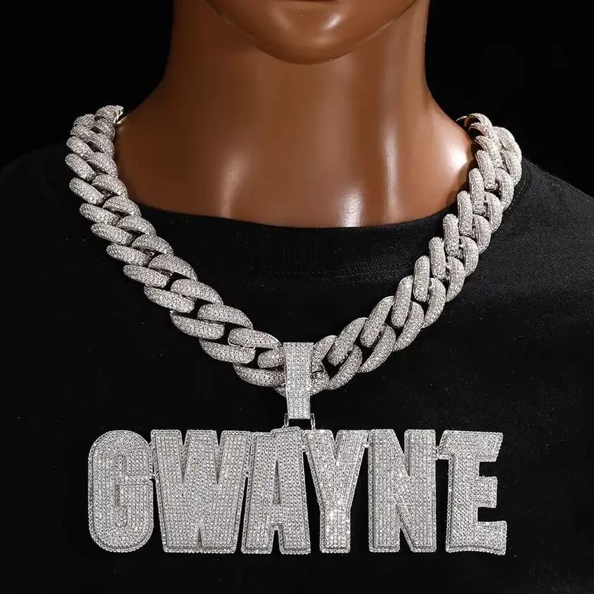 Collier personnalisé avec initiale et nom, pendentif CZ glacé, chaîne cubaine 20MM, bijoux de rappeu