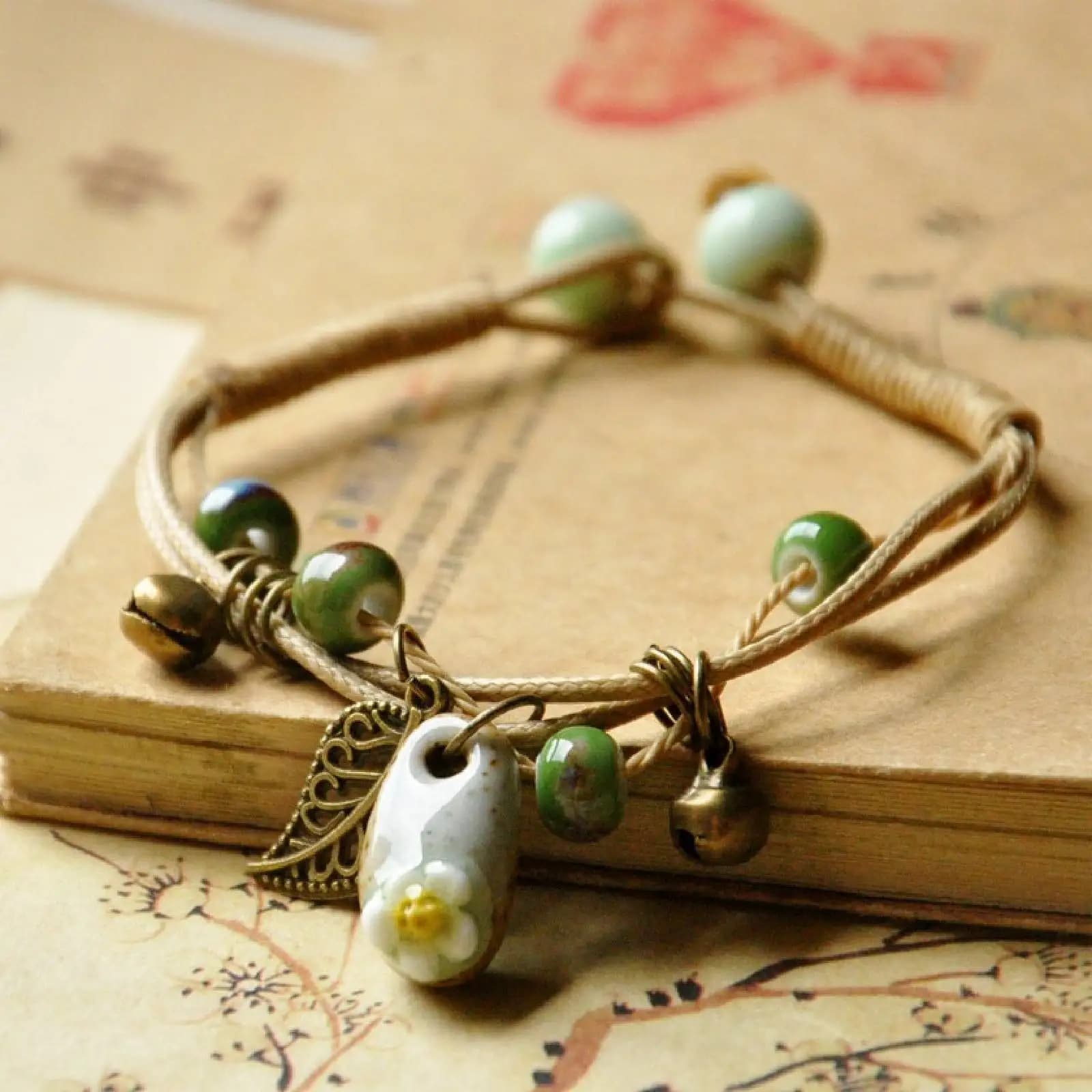 Bracelet en céramique artisanal à breloques florales pour femmes et hommes, chaîne réglable, style e