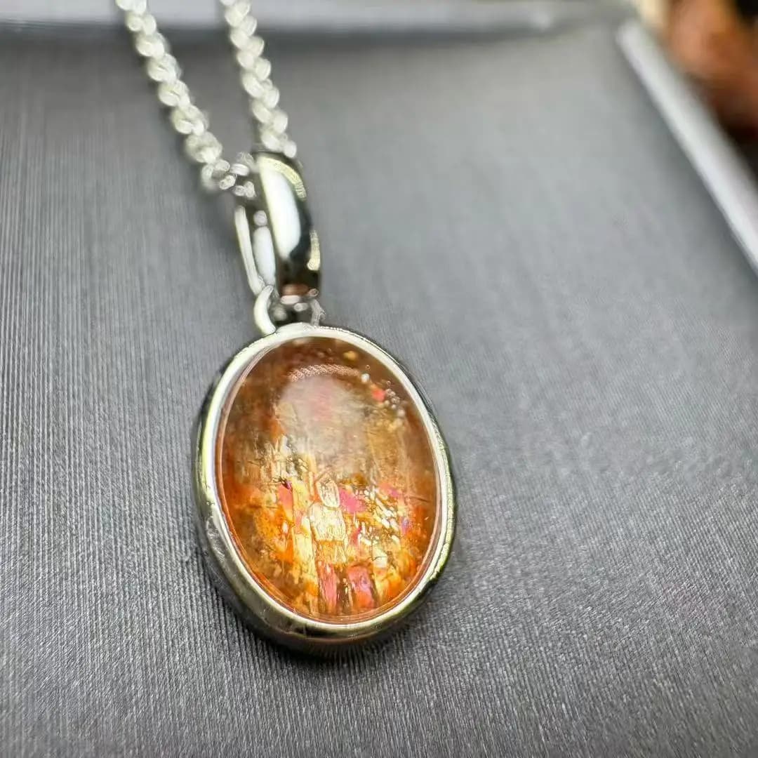Pendentif Cabochon en Argent 925 avec Pierre de Soleil Dorée Naturelle, Cristal de Guérison, Idéal p