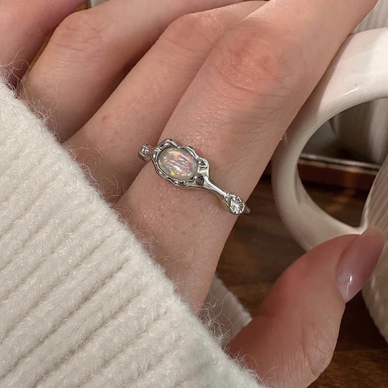 Bagues ajustables ovales en opale couleur argent pour femmes, bijoux de fête classiques, accessoires