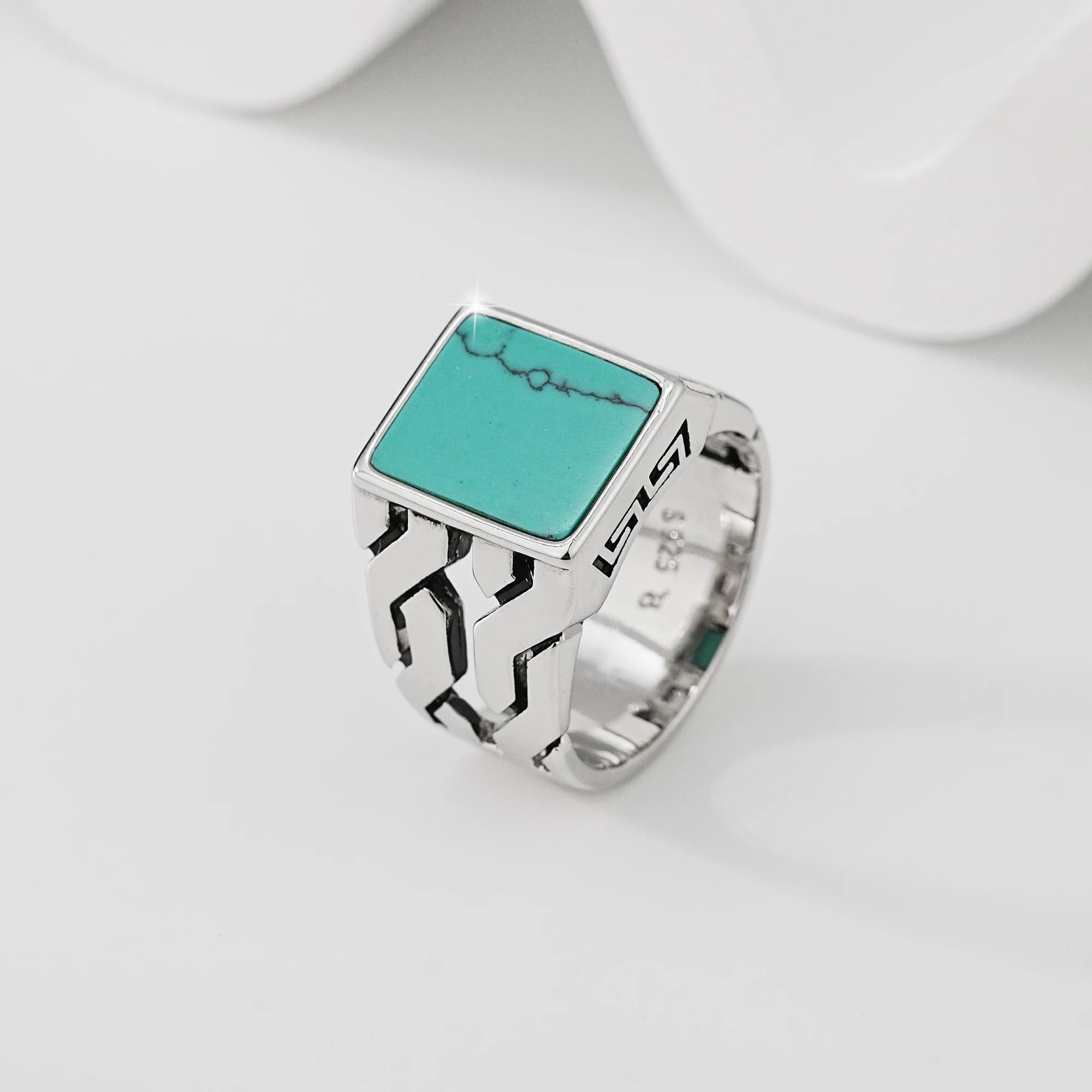 Bague signet turquoise pour homme en argent sterling 925, motif géométrique vintage, style punk, bij