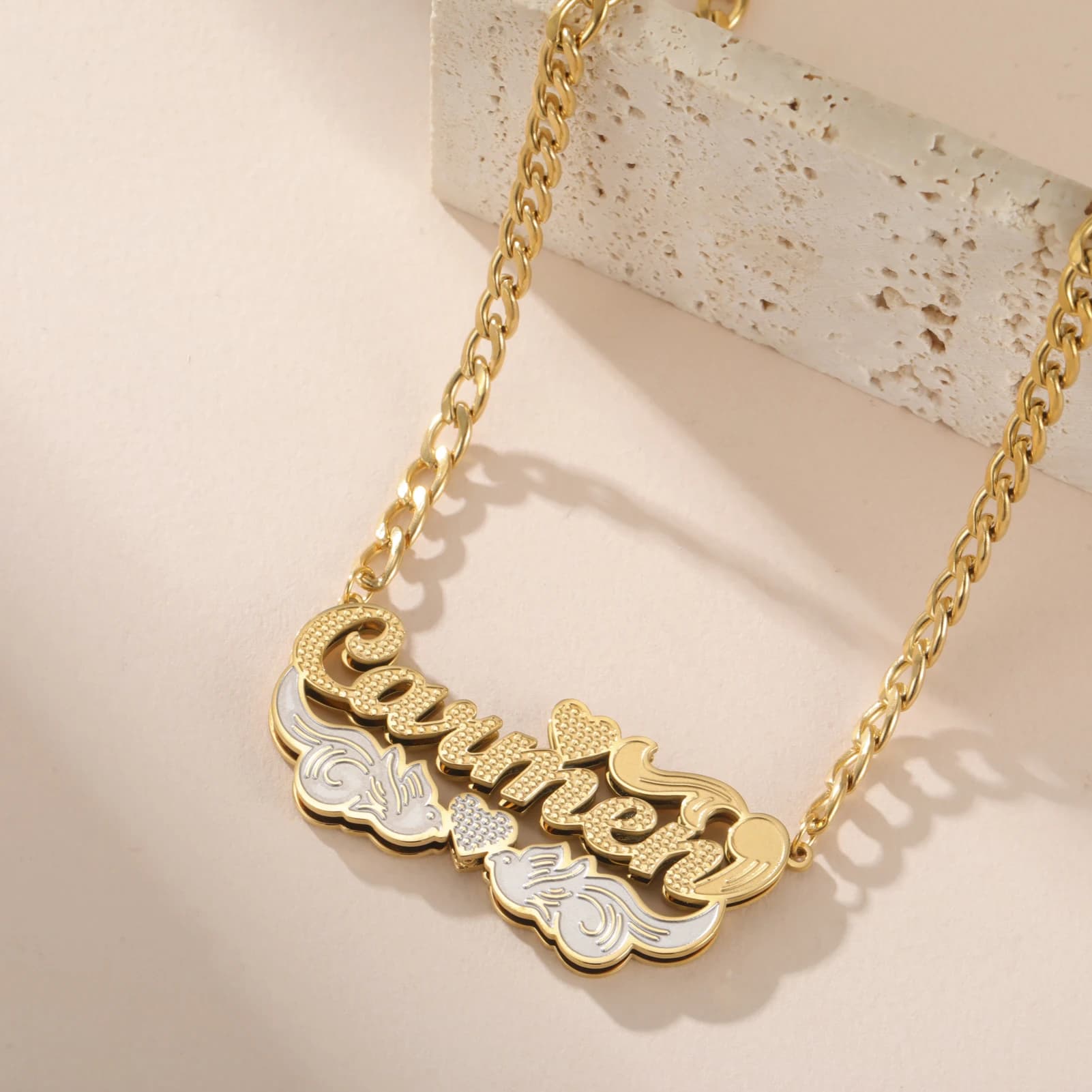 Collier avec nom personnalisé Double plaqué or 18 carats, deux tons, pour femmes et hommes, plaque s