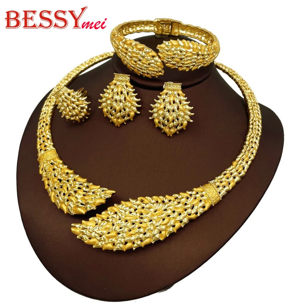 Ensemble de bijoux exagérés de dubaï, couleur or africaine, grand collier, manchette ouverte, Bracel