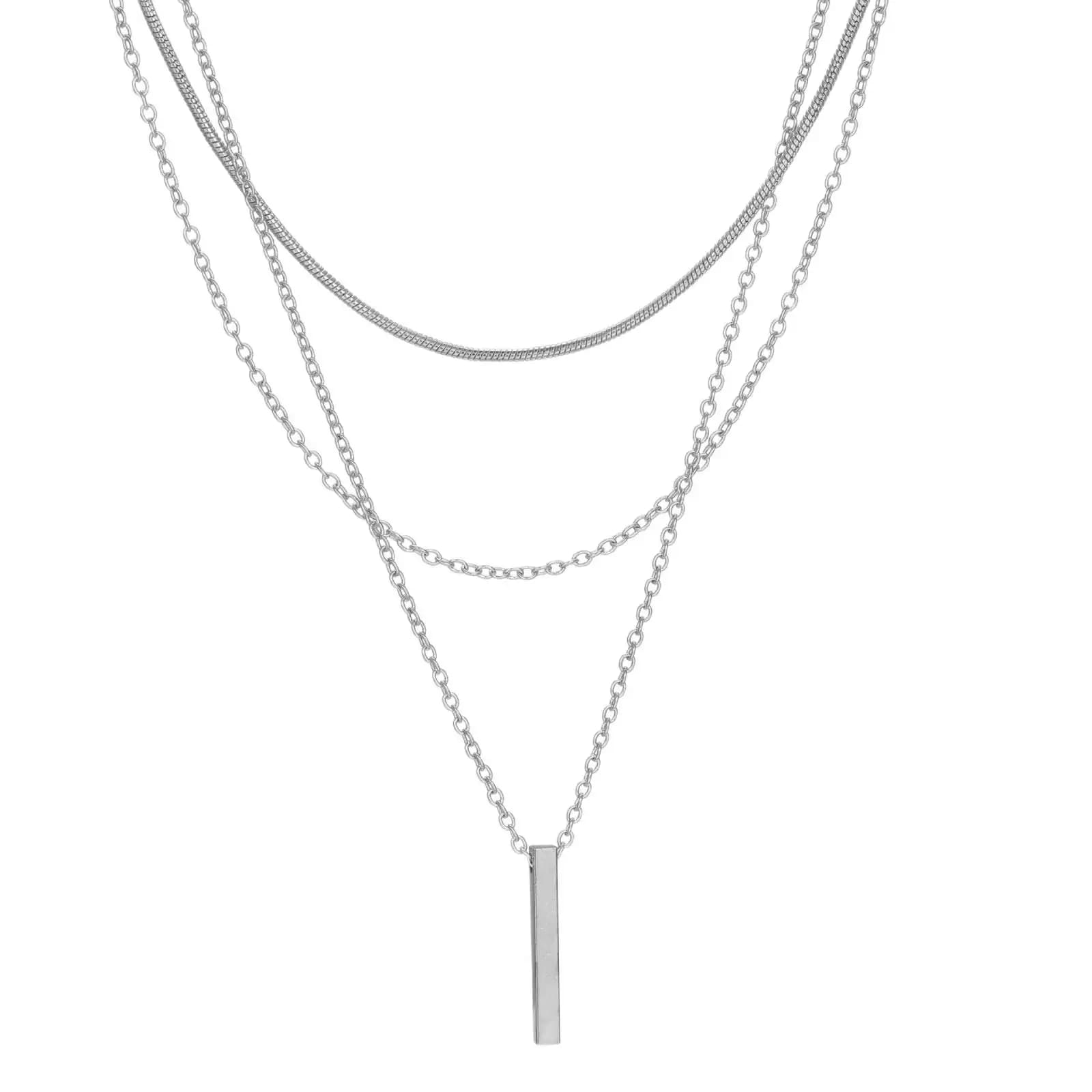 Collier pendentif barre métallique rectangulaire pour femmes et hommes, chaîne à trois couches en ac