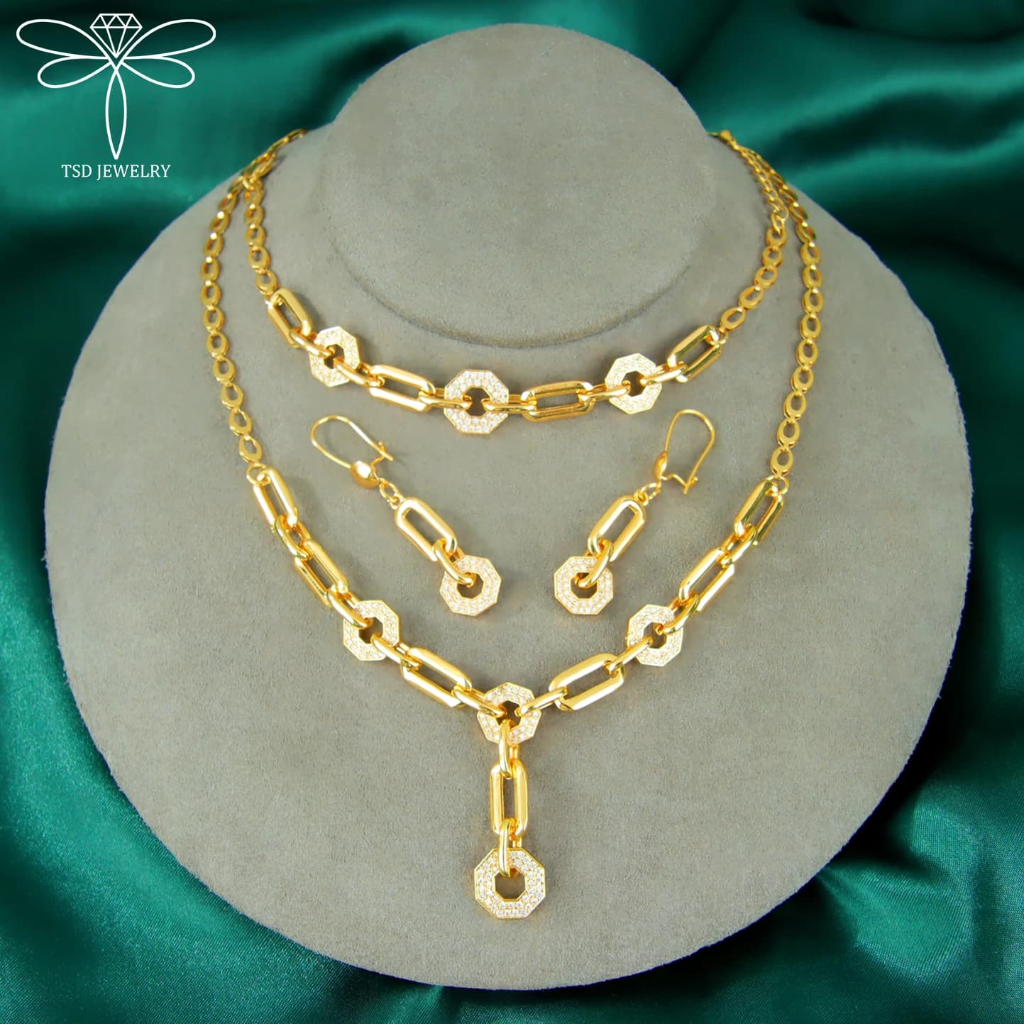 Ensemble de bijoux à la mode de dubaï, plaqué or 21 carats, collier en zircone italienne, Bracelet, 