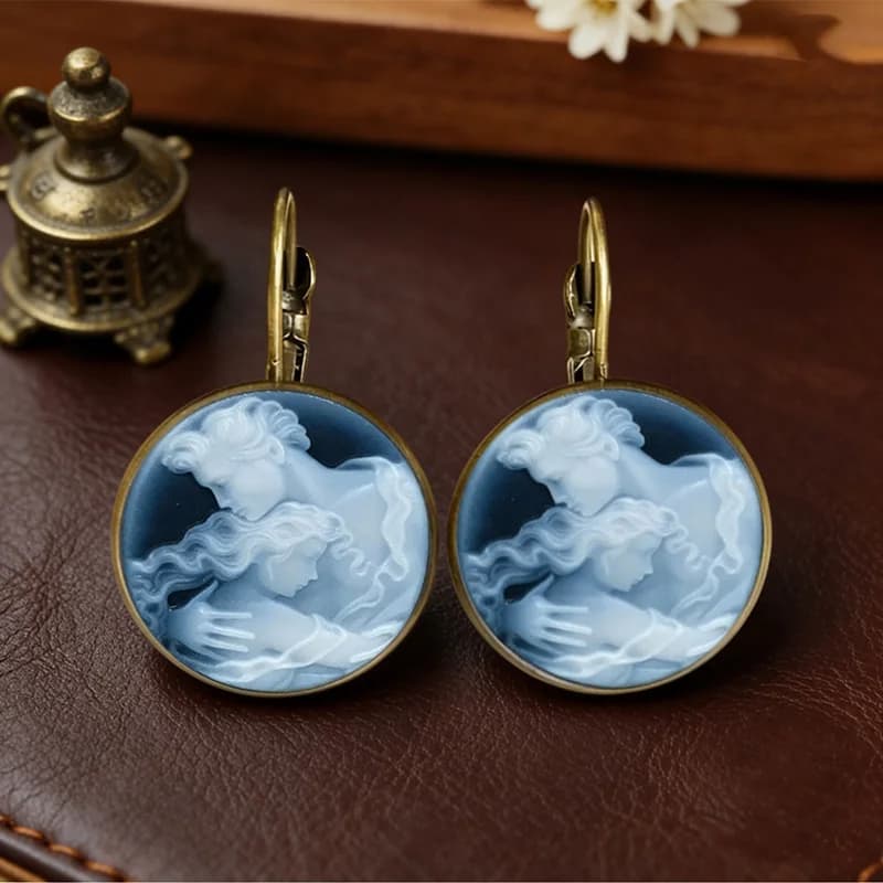 Boucles d'oreilles vintage en verre cabochon avec portrait camée, bijoux plaqués bronze, bijoux d'ar