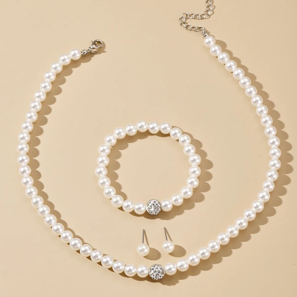Magnifique ensemble de bijoux en perles et diamants pour femmes, 4 pièces, collier, bracelet, boucle