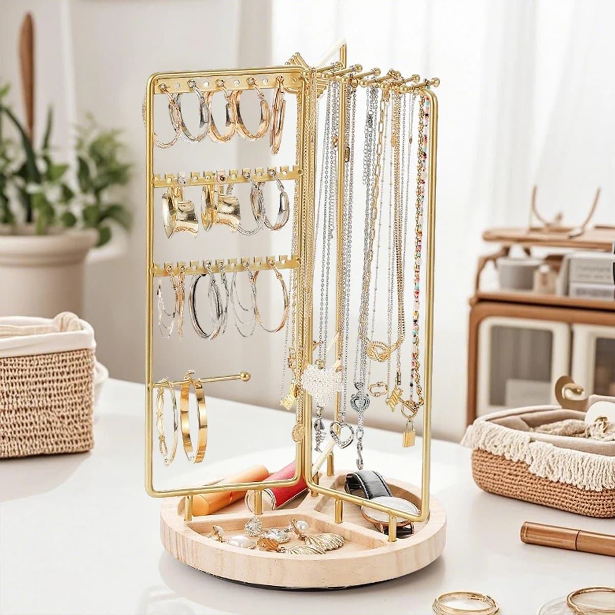 Support organisateur de bijoux en fer, cadre en métal doré et Base en bois, pliable et rotatif, mult
