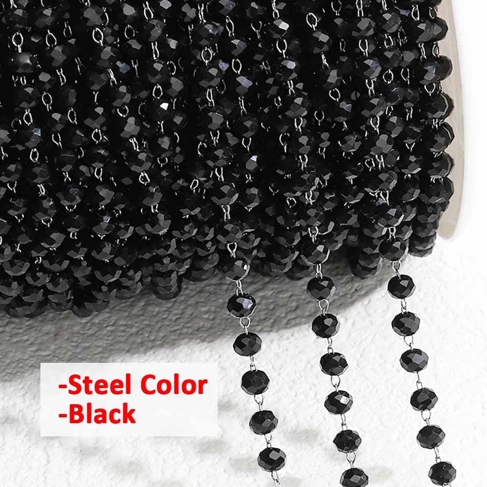 Chaîne en pierre de 1 mètre en acier inoxydable, couleur noire, blanche, argentée, cristal perlé pou