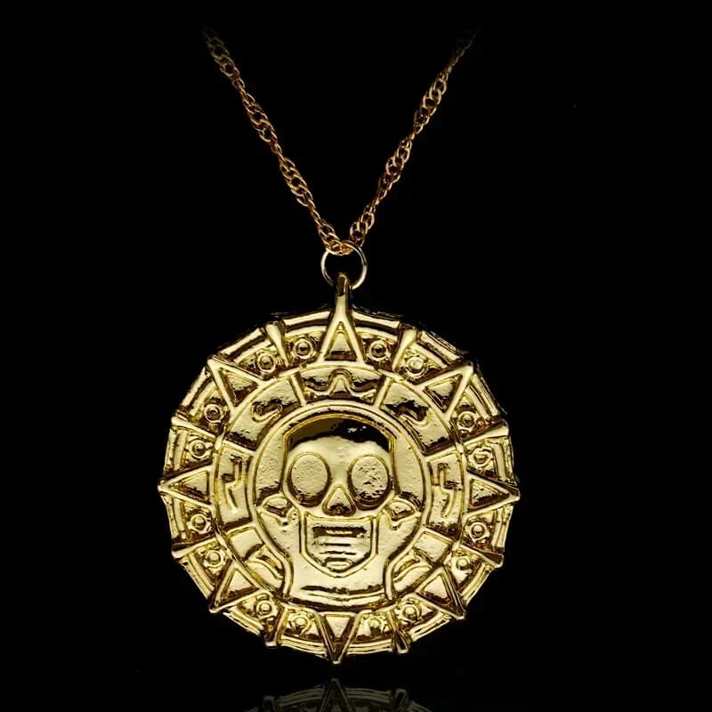 Collier Pirates des caraïbes, pièce aztèque, Vintage, plaqué or, médaille de capitaine Jack Sparrow,