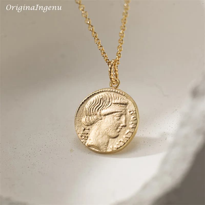 Collier de déesse de la fortune rempli d'or 14 carats, collier de pièce de monnaie romaine grecque f