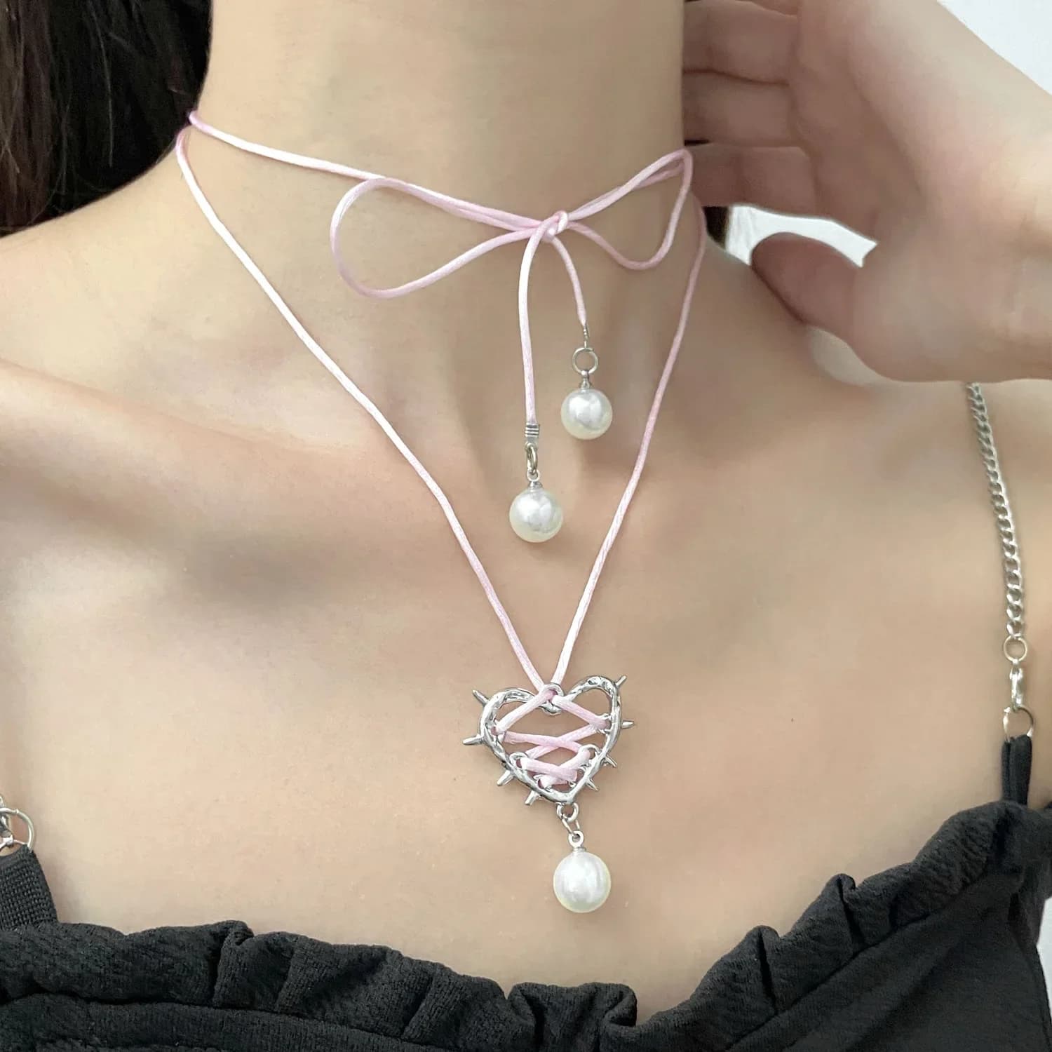 Kpop Goth – collier ras du cou avec nœud en ruban rose, pendentif en forme de cœur, Imitation de per