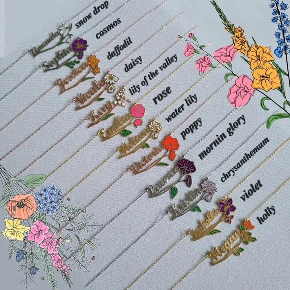 Collier personnalisé avec fleur de naissance colorée pour femmes, bijoux en acier inoxydable avec br