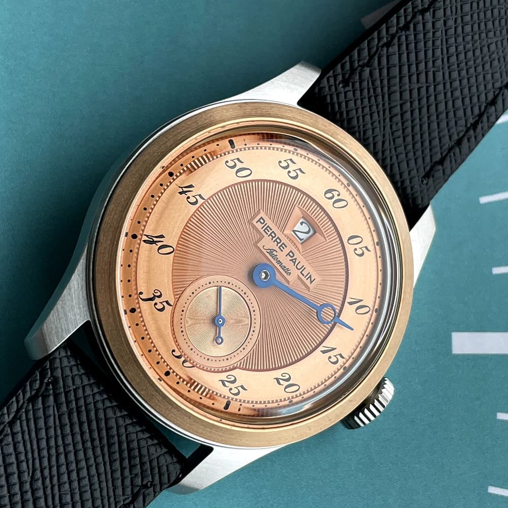 Pierre Paulin montre d'heure sautante pour hommes anneau en Bronze Vintage cadran saumon montres aut