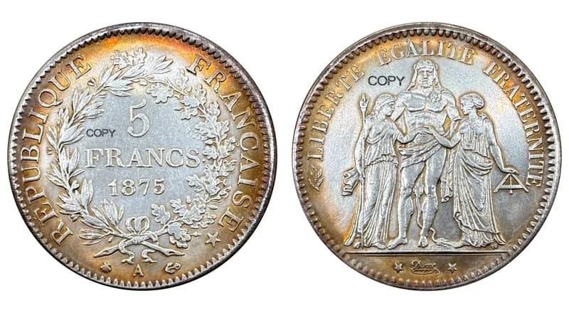 France 1875 A 5 Francs Hercule 3ème République République Française Pièces de Monnaie Souvenirs Plaq