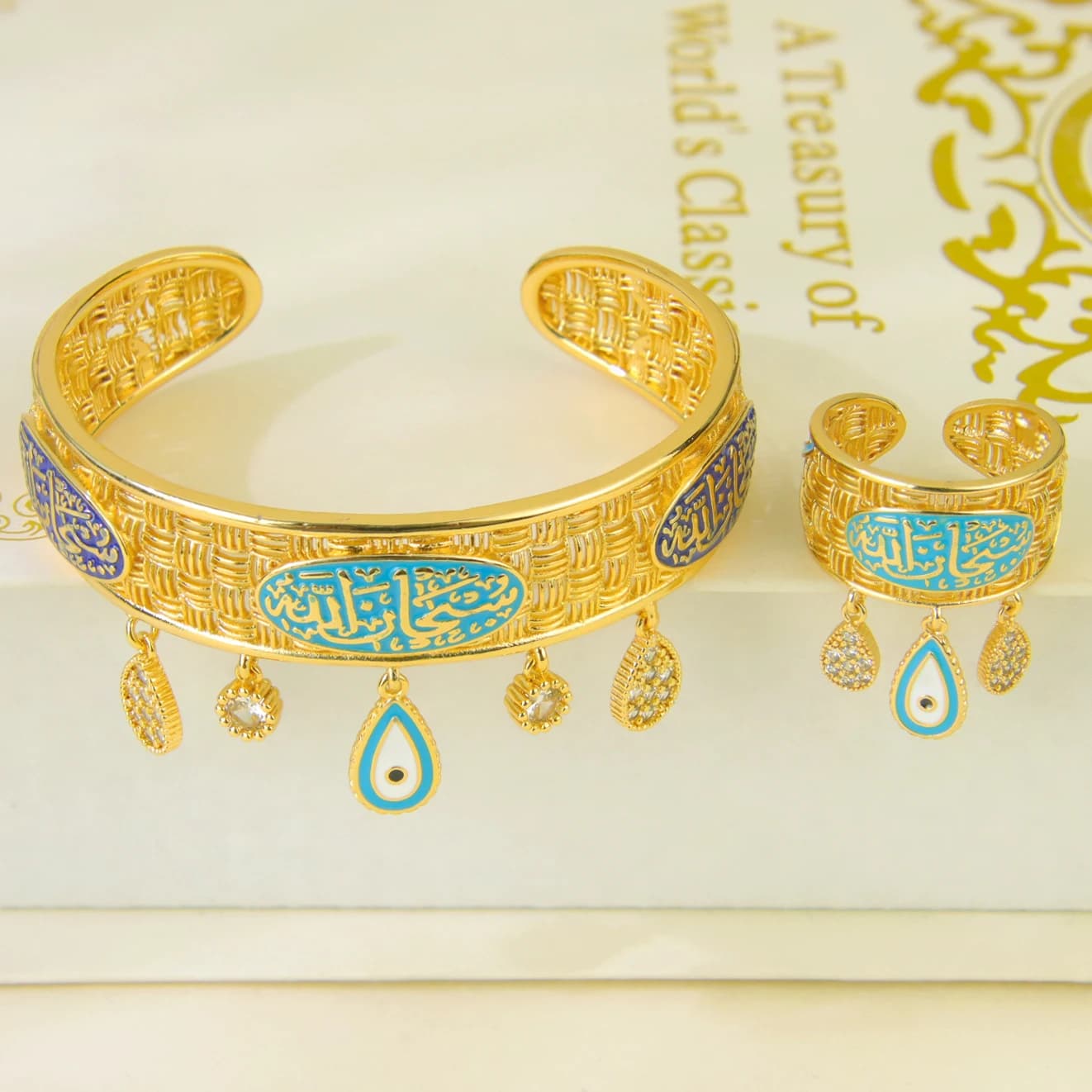 Parure de bijoux de mode islamique arabe plaqué or 21 carats avec zircone de Dubaï, bracelets et bag