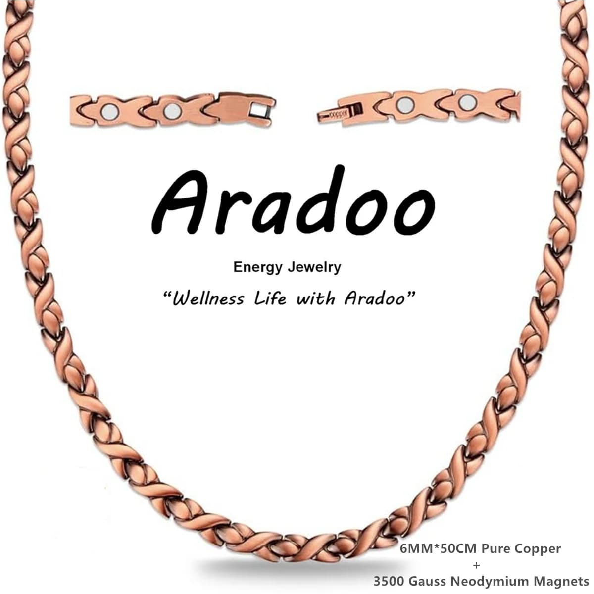 ARADOO – collier magnétique en cuivre pour hommes et femmes, avec outil de taille réglable et boîte 